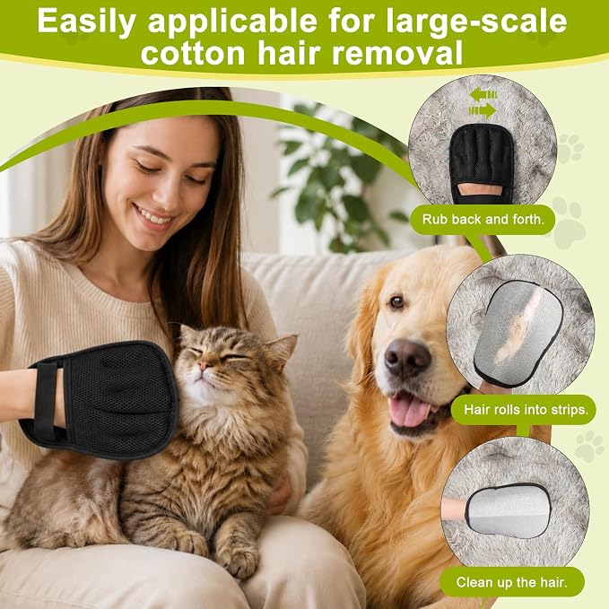 2-Piece Pet Hair Removal Glove, Deshedding Grooming Mitt, Soft Hair Remover Brush for Cats and Dogs with Long Short Fur