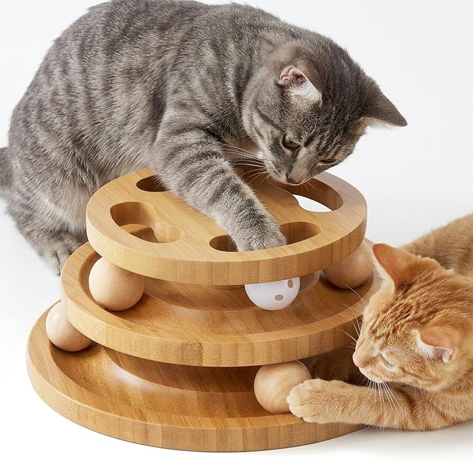 ZOMISIA Cat Ball Track Toy with Puzzle Top, Wooden Cat Toys for Indoor Cats with Spinning Balls, Interactive Large Cat Ball Tower for Kitten Kitty Exercise Mental Physical