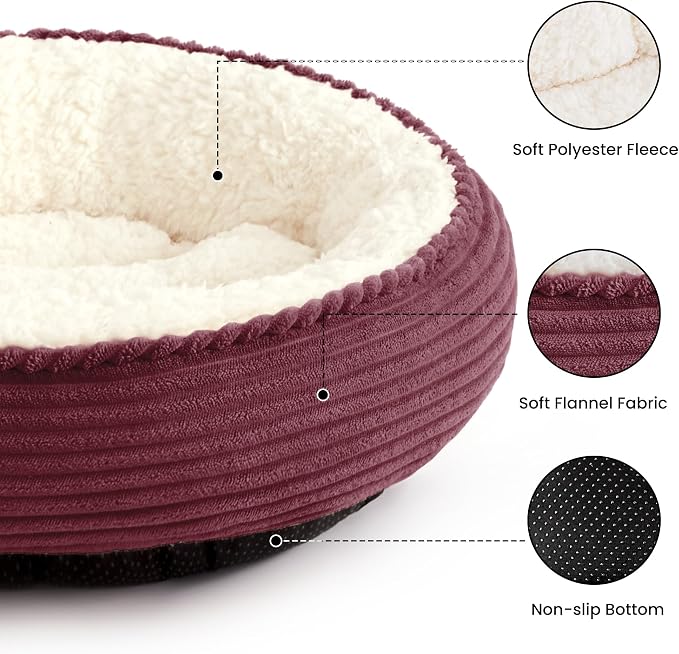 Love's cabin Round Donut Cat and Dog Cushion Bed, 24in Pet Bed for Small or Medium Dogs, Anti-Slip & Water-Resistant Bottom, Soft Durable Fabric Pet Beds, Washable Calming Cat Bed Burgundy Stripe