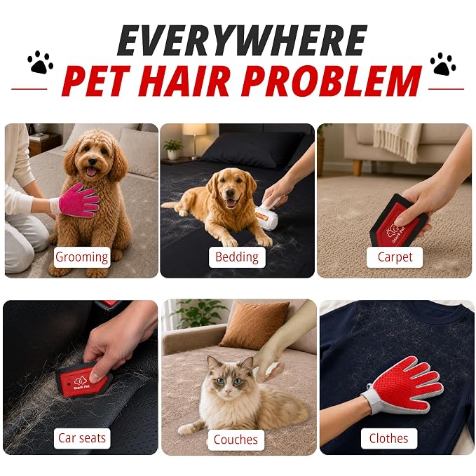 Pet Hair Removal for Home & Car 3-in-1 – Reusable Dog & Cat Removal Kit with Pet Tool, Glove, Mini Detail Cleaning & Furniture Hair Remover for Couch, Upholstery & Car Seats (Red, Combo 3-in-1)