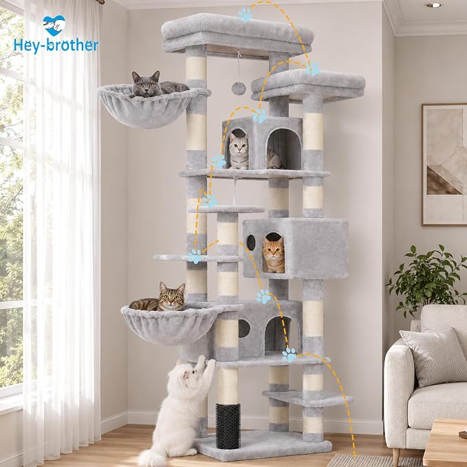 Hey-brother Cat Tree, Multi-Level Tower with 3 Condos, Hairbrush, MPJ035-MW | 74 Inches XL Large Scratching Posts for Indoor Cats and Kittens, 2 Wide Platforms, 2 Plush Baskets, Toy Balls, Light Gray
