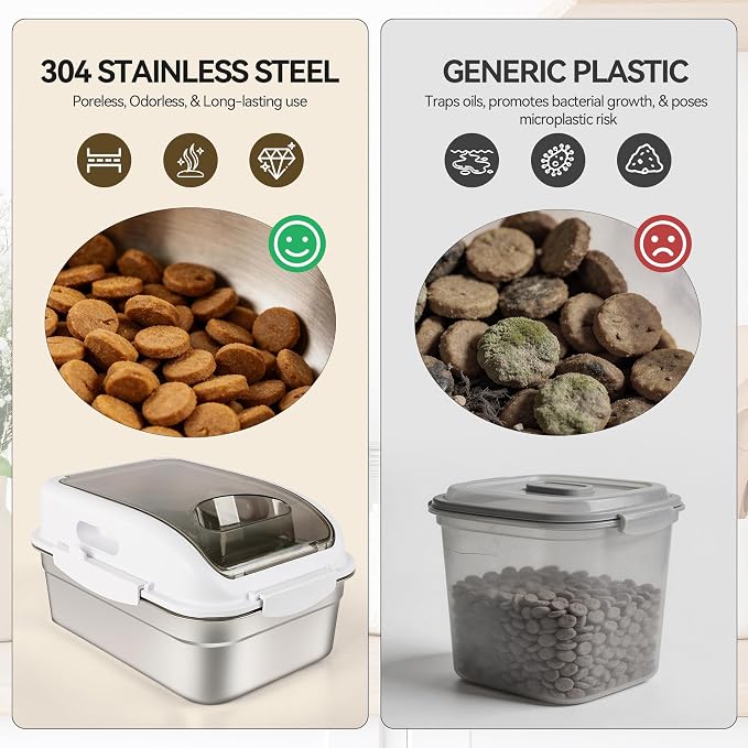 ALL FOR PAWS 304 Stainless Steel Dog Food Container, Cat Food Storage Container with Scoop, Airtight Metal Pet Food Storage Bin to Keep Food Fresh, Mouse Proof Small Storage Bin Fits Up To 11 Lbs