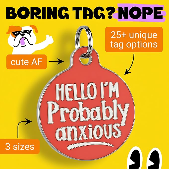 Bad Tags Personalized Dog and Cat ID Tags in 25+ Designs and 2 Sizes - 5 Lines of Custom Engraved Text - Funny Cute Personalized Pet Tags (Hello I'm Probably Anxious - Coral, Small (1 inch))