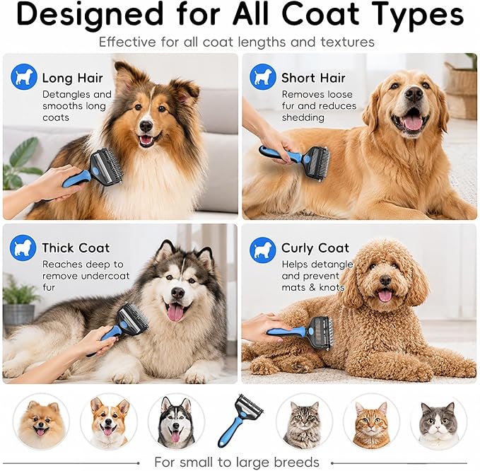 3-in-1 Professional Pet Grooming Brush for Dogs & Cats – Dematting Comb, Undercoat Rake & Deshedding Tool for Long & Short Hair, Heavy Shedding & Matted Fur (Blue)