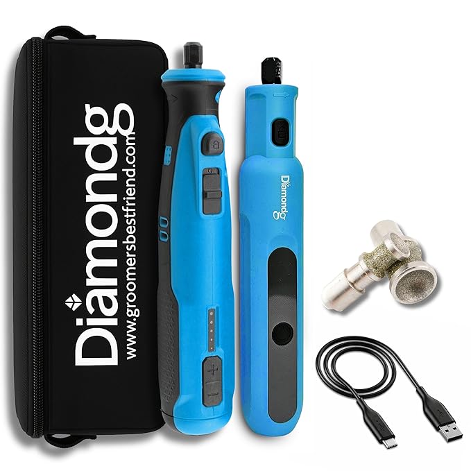 Diamondg Cordless Dog Nail Grinder - Quiet Sound with LED Light, Blue | 5-Speed Rechargeable Pet Nail Trimmer for Small & Large Dogs, USB-C Charging, 4hrs. Runtime, Painless, 2 Bits Included