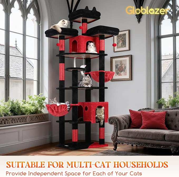 Globlazer Gothic Cat Tree Tower for Multiple Adult Cats, 82in, F82, Goth | XXL Tall Cat Tree Tower for Indoor Cats with Scratching Post, 3 Perches, 2 Condos, 2 Hanging Baskets