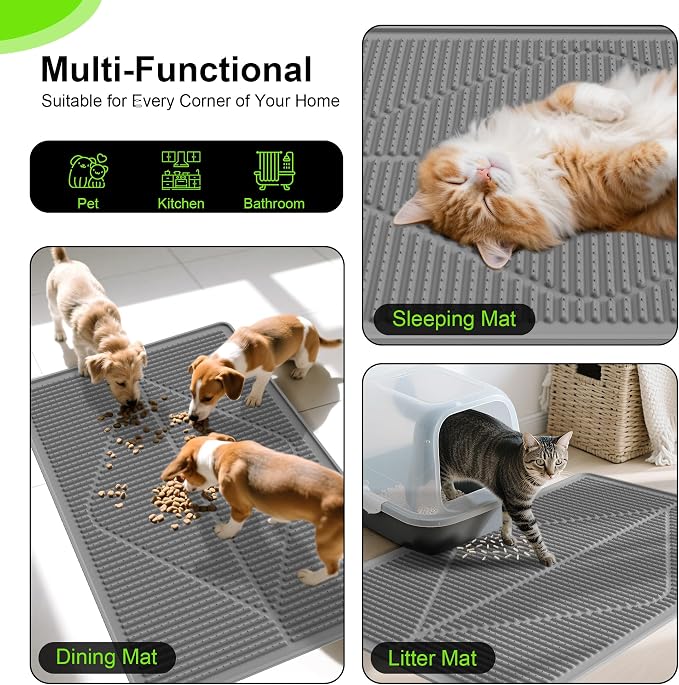 Mofason Rubber Cat Litter Mat Litter Box Mat - Grey Silicone Litter Catcher | Waterproof 24"x15" Kitty litter box mat, litter trapping catcher mat; easy clean litter trapping mat small cat litterbox mat