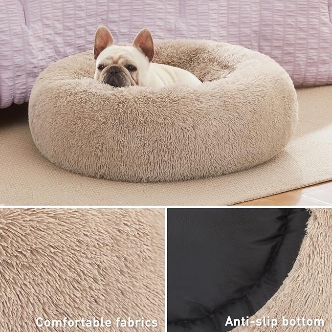 Love's cabin Calming Cat Bed for Indoor Cats, Anti-Anxiety Donut Round Dog Bed,Fluffy Faux Fur Washable Pet Bed for Small Medium Dogs and Cats, Taupe, 24in