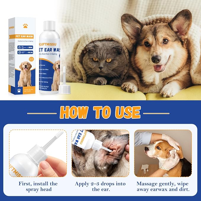 4 fl oz Dog Ear Cleaner Solution, Gentle Ear Wash for Dogs and Cats, Pet Ear Cleaner for Routine Ear Cleaning and Care, Ideal for Regular Pet Grooming Use