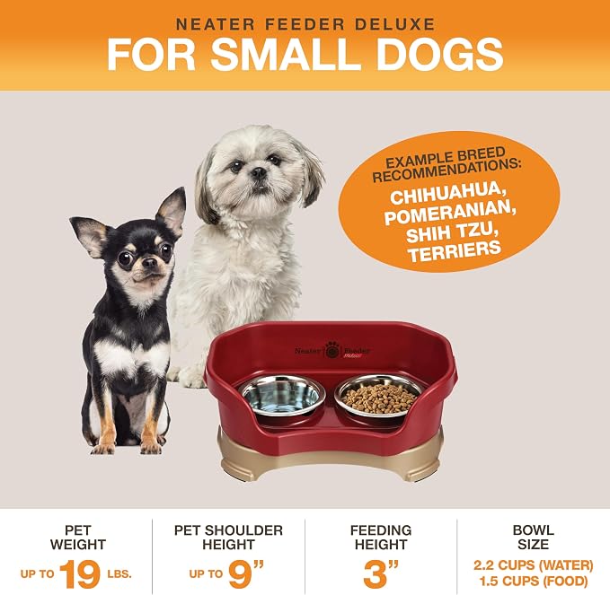 Neater Pet Brands Neater Feeder Deluxe Mess Proof Dog Bowls Elevated for Small Dogs Under 19 lbs, Made in USA, No Spill Raised Dog Food Bowl Stand Feeding Station, Food and Water Bowl Set, Cranberry