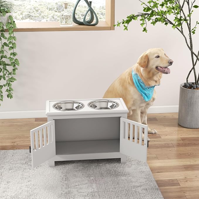 PawHut Large Elevated Dog Bowls with Storage Cabinet - 37L Capacity, Raised Dog Bowl Stand Feeding Station, White | Raised Dog Bowl Stand Pet Food Bowl Dog Feeding Station