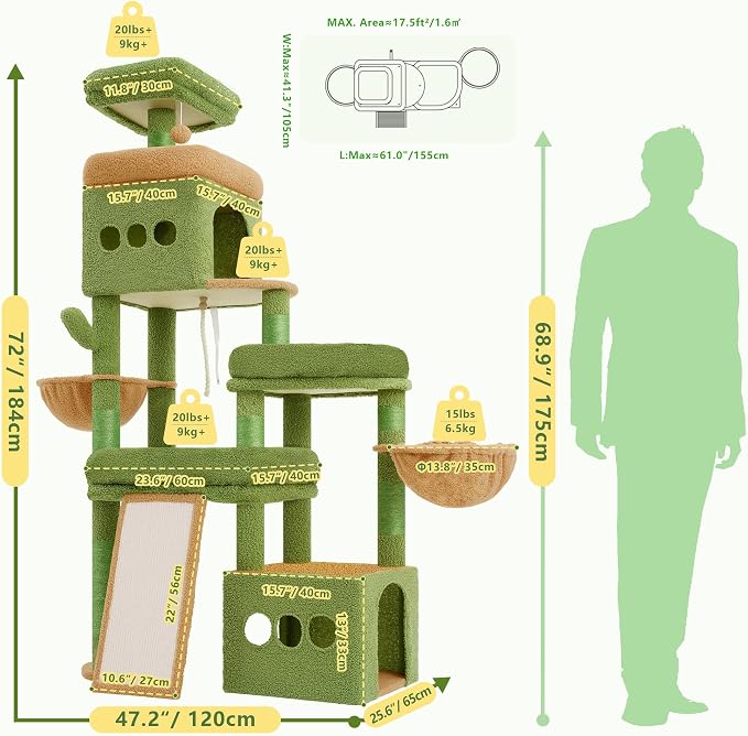 Heybly Cat Tree 72.4-Inch Anti-Tip Cat Tower with Spacious Perches HCT060GY | All-in-One Cat Furniture for Large Cats, Multiple Interactive Areas, Extra-Large Sisal Scratching Board, Green and Yellow