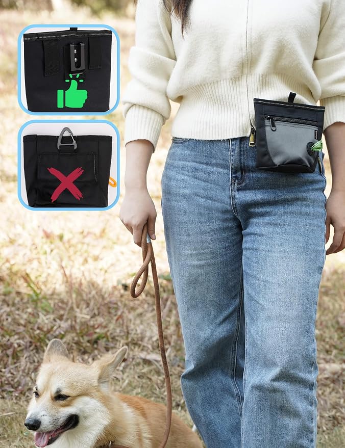 2 Cup Dog Treat Pouch with Training Clicker(Black/Gray) | 2 Pair Magnetic Closures, Zipper Pocket with Poop Bag Holder, Waist Belt & Metal Clip to Wear for Pet Training/Daily Walking