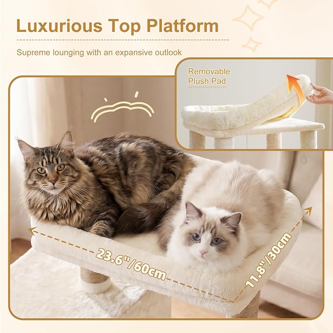 Heybly 68.1" Cat Tree with Oversized Top Platform & Wide Base HCT059MJ | Heavy Duty Cat Tower for Large Indoor Cats with 2 Condos, 2 Hammocks, 10 Sisal Scratching Posts, Stable Cat House, Beige