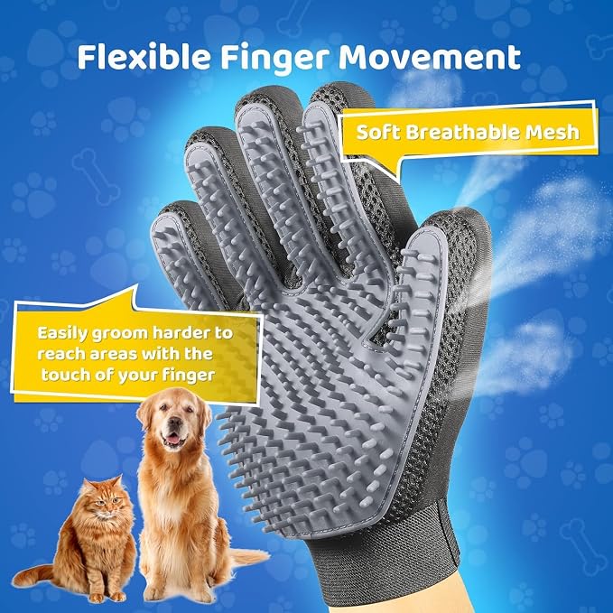 Pet Hair Removal Glove with 255 Silicone Tips for Dogs & Cats, Right Gray | 2-in-1 Deshedding & Massage Mitt, 5-Finger Flexible Design, for Bathing & Grooming, Safe for Long/Short/Curly Hair Pets