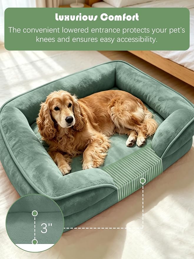 Spotted Play Orthopedic Dog Bed with Sides - Sofa Beds for Large Dogs, Supportive Foam Pet Couch Bed with Washable Removable Cover, Waterproof Lining and Non-Slip Bottom, Green - L