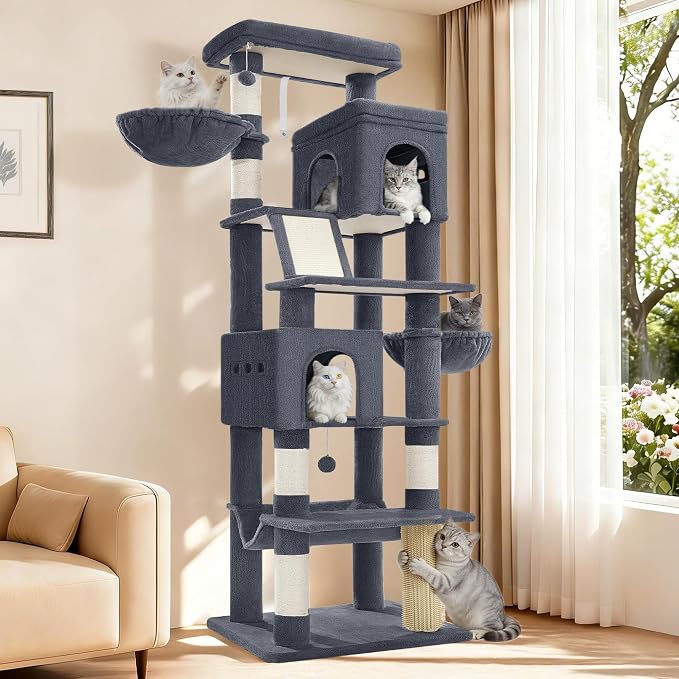 Hzuaneri Tall Cat Tree 75 Inch, Indoor Large Multi-Level Cat Tower | Cat Condo Furniture with 5 Scratching Post, 2 Hanging Basket, 2 Condo, 2 Large Platform, Pet Play House, Dark Grey MS19018SG