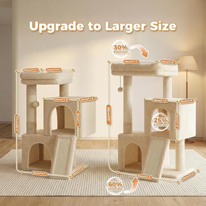 PAWZ Road Cat Tree, 35 Inches Cat Tower with Dual Condos for Adult Cats,Enlarged Top Perch, Scratching Posts&Pad for Indoor Cats-Beige