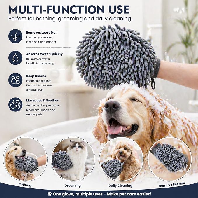 Super Absorbent Dog Dry Bath Gloves, Chenille Microfiber Pet Dirty Dogs Grooming Glove, Suitable for All Dog Breeds, For Wiping Wet Paws and Bodies, Machine Washable 2 Pack
