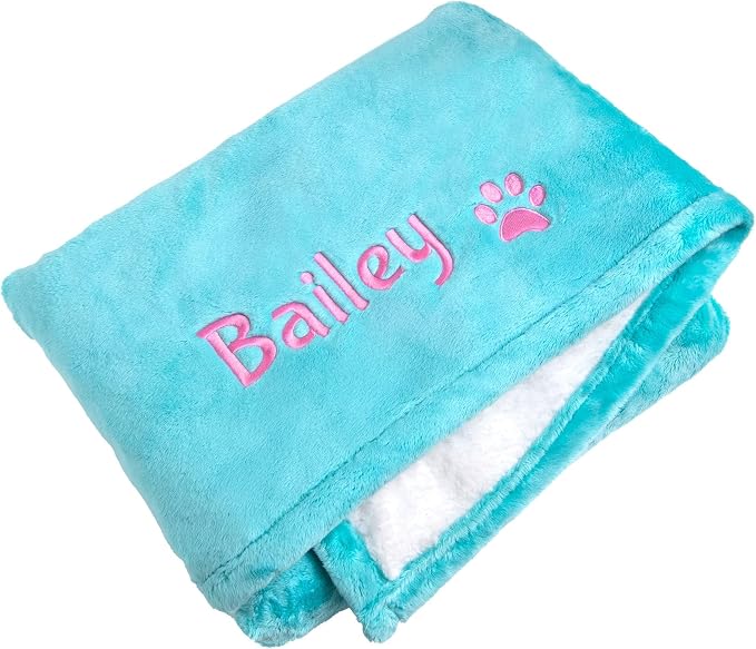 GoTags Personalized Premium Fluffy Dog Blanket, Super Soft Sherpa Fleece Blanket for Pets with Custom Embroidered Name and Paw, Large (40x30 inch), Turquoise