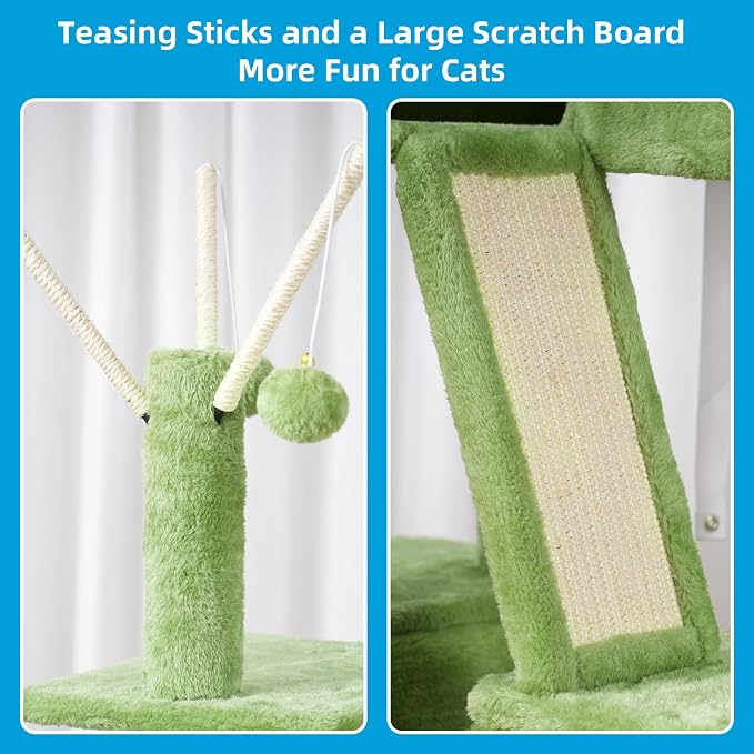 Hey-brother Cat Tree Tower with Padded Platform Bed, Hammock, MPJ019-SGR | 53 Inches Cat House with Large Cozy Condo, Toy Balls and Sisal Scratching Posts for Indoor Multi-Cats, Green
