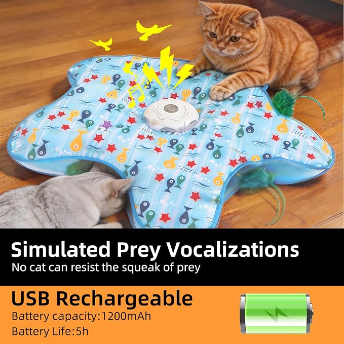 Interactive Cat Toy, Peek-a-Boo Series – Hidden Feather Wand, Rechargeable Indoor Hunting Toy, Squeaky Bird Sound, and Small Fish Pattern Cover