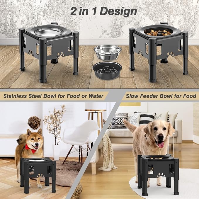 Lewondr Elevated Slow Feeder Dog Bowls with 3 Heights Adjustable Stand | Stainless Steel & Slow Feeder Bowls, Adjustable Dog Slow Feeder Bowl Non-Slip Dog Bowl Stand for Medium Large Breed