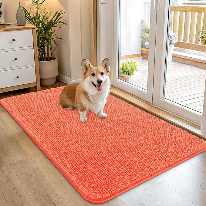 OLANLY Dog Door Mat for Muddy Paws 45x27, Super Absorbent Chenille Mud Mat | Coral, Absorbs Moisture and Dirt, Non-Slip Machine Washable Doormat, Quick-Drying Indoor Entryway Floor Carpet for Dogs