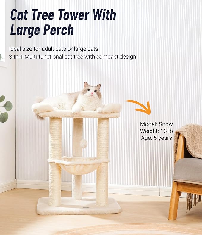 Happi N Pets 28" Cat Tree, Large Bed for Big Cats, Small Cat Tower with Soft Perch for Window Viewing, Stable Cat Tree Tower, Cat Scratching Post with Hammock, Removable Cover-Beige