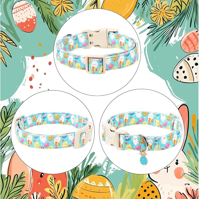 Easter Dog Collar for Small Dogs - Cute Easter Egg Hunt Dog Collars for Boy Girl Dogs, Playful Bunny & Chick Print, Lightweight Adjustable Spring Holiday Dog Collar S