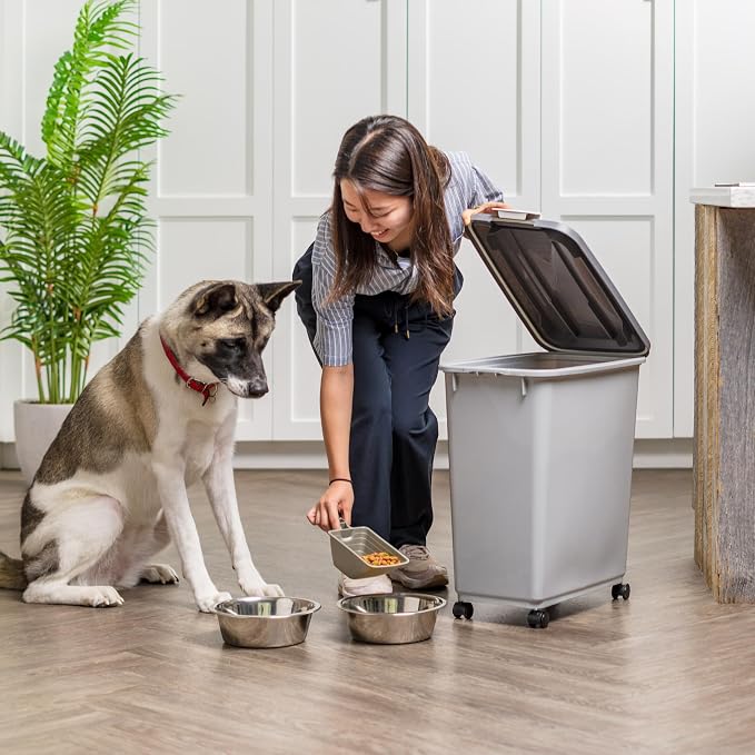 IRIS USA Dog Food Storage Container, Up to 40 lbs, Gray/Dark Gray | Made in USA, Comes with Wheels & 2-Cup Scoop, Airtight Seal, BPA-Free, Bird Seed, Cat food, Cat Litter, Treats, Pellets