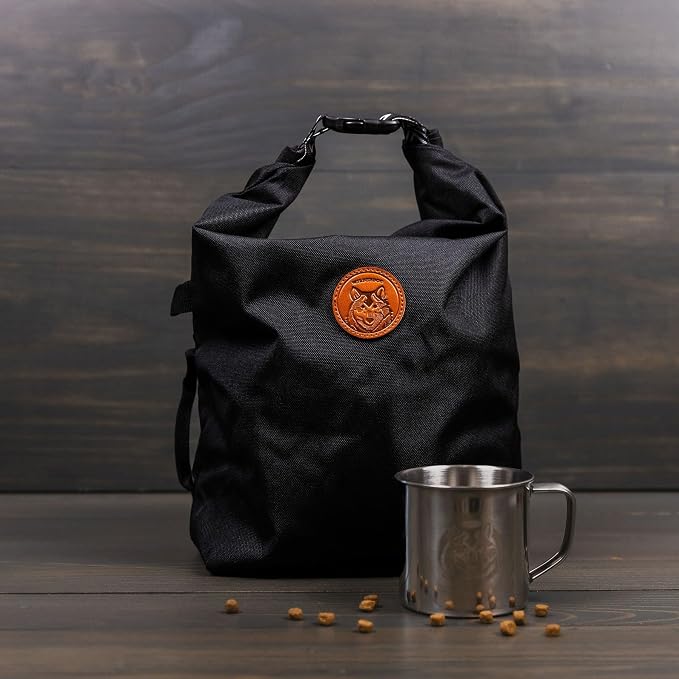 Wilderdog Doggie Bag - Water Resistant, Portable Kibble Carrier & Stainless Steel Mug - Black