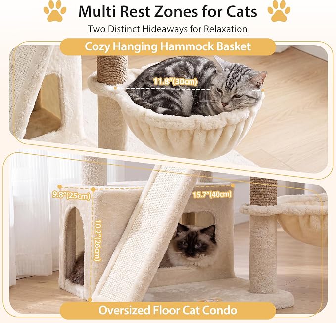 Heybly Compact Cat Tree with Big Scratcher, Stable Cat Tower HCT206SMJ | 27.2" Cat Furniture with 2 Top Perches, Floor Cat Condo, Cozy Hammock, Space-Saving Cat Activity Center, Beige