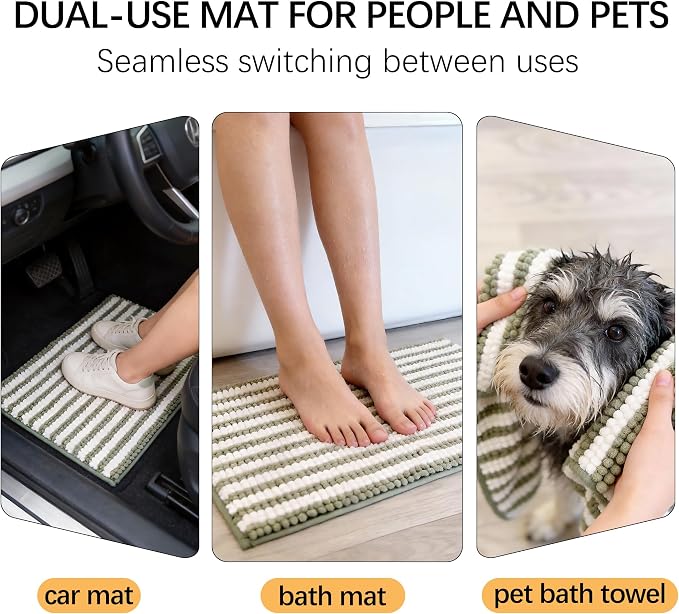 Dog Door Mat for Muddy Paws - Absorbent Quick-Dry Non-Slip Washable Chenille Pet Rug, Indoor Entryway Mat for Front Door & Crate (Green, 34" L*23" W)
