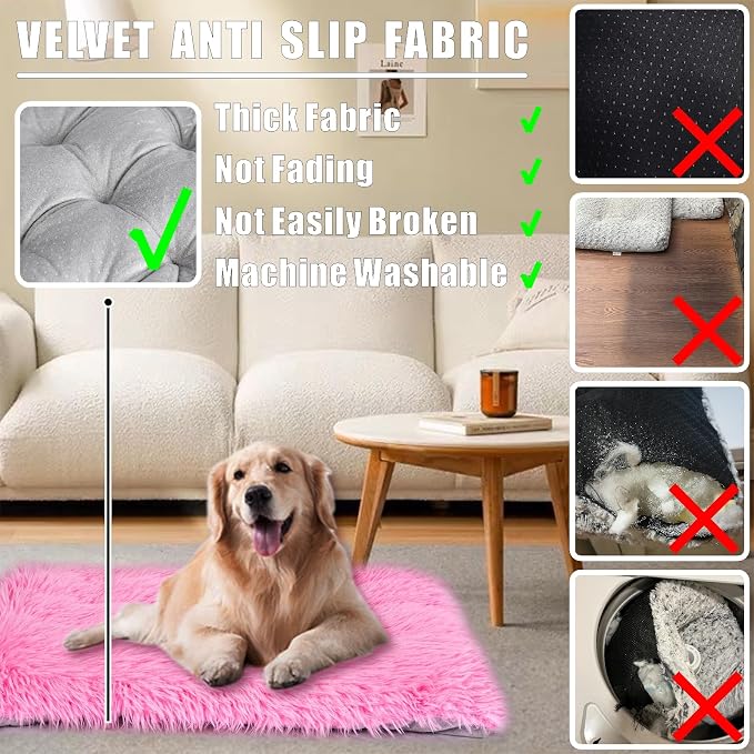 Machine Washable Dog Bed, Deluxe Plush Dog Crate Pad and Cat Bed, Anti-Slip Bottom Kennel Pad Mat, Fuzzy Pet Beds for Large, Medium, Small Dogs Breeds (Pink, 24.0" L x 18.0" W x 3.0" Th x 2 Pack)