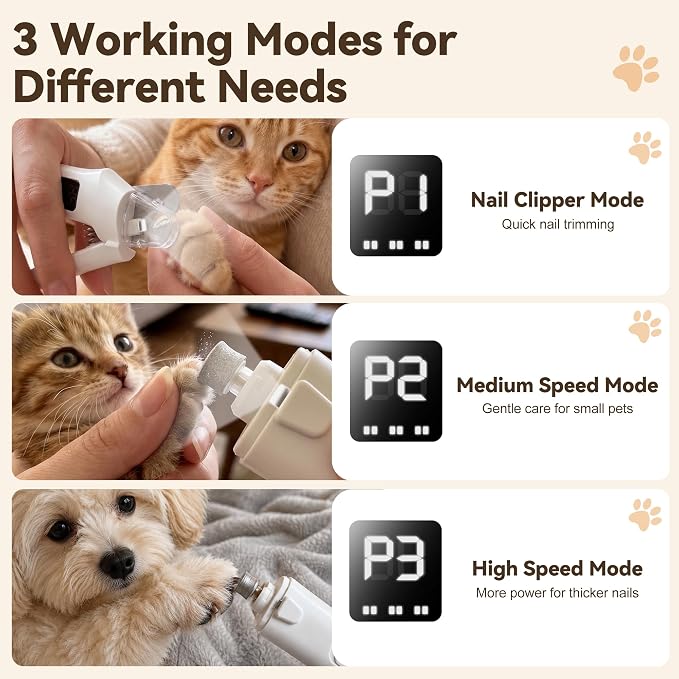 2 in 1 Dog & Cat Nail Clipper Grinder with LED Light | Built-in LED light, safety nail guard, electric grinder, low noise, 3-speed grinding, for Cats Small Medium Dogs