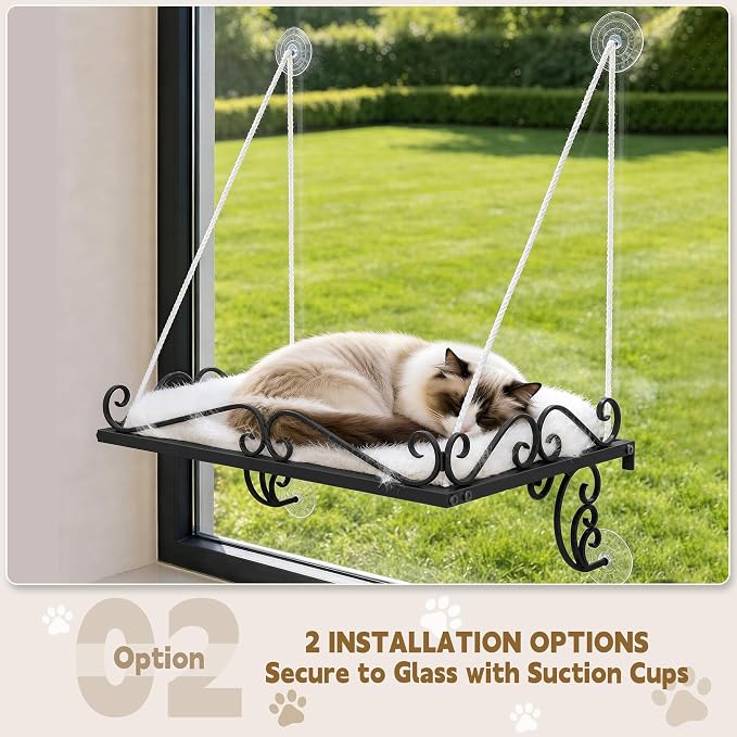 PUPETPO Cat Window Perch for Large Cats, 2-in-1 Window & Sill Mount, Black | Heavy-Duty Iron Frame with Triangle Support, Cat Window Bed with Plush Cushion, Holds 40+ lbs
