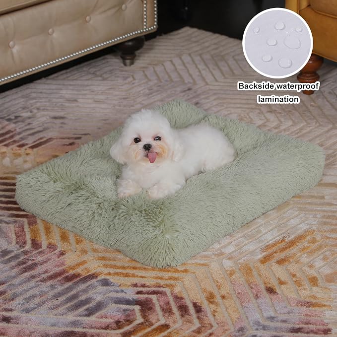 Bedfolks Waterproof Dog Crate Bed, Plush Small Dog Pad, 23"x18", Sage Green | Faux Fur Plush Cover, Removable Washable Outer, Waterproof Inner Lining, Non-Slip Base, Crate Pad and Dog Pillow