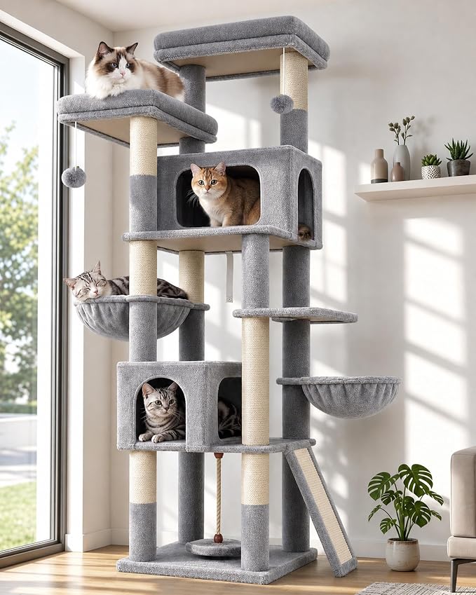 Globlazer 75in Tall Cat Tree Tower for Indoor Cats, F75B, Beige | Large Cat Tree for Indoor Cats Large Adult, Multi-Level Cat Tower with 7 Scratching Posts, 2 Cat Condos, 2 Top Perches