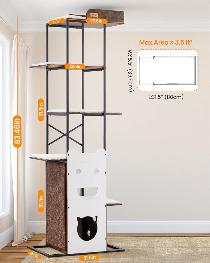 Wood Modern Cat Tree Tower, 84 Inch XL Tall Indoor Large Cat Condo | Heavy Duty XL Stable Wooden Cat Condo House Furniture with Multi-Level Spacious Perch Scratching Board Soft Washable Pads