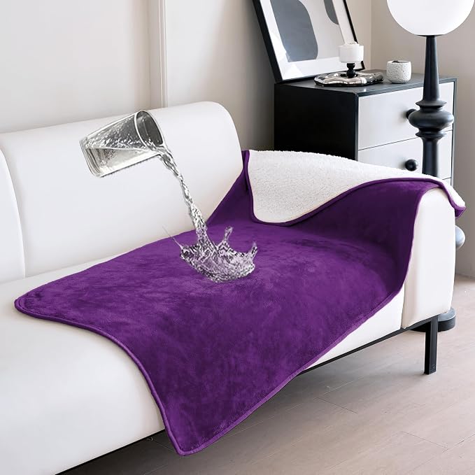 gogobunny Dog Blanket, Waterproof Reversible Sherpa Fleece Throw Blanket, Furniture Cover for Bed, Couch, Sofa Protection from Liquid Pee and Pet Fur of Puppy, Cat (Dark Purple, 30x70 inches)