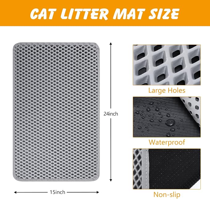 Double Layer Cat Litter Mat, Waterproof Non-Slip, 24 x 15 Inch | Honeycomb litter trapping, EVA soft paw-friendly material, urine-resistant layer, easy shake or rinse clean