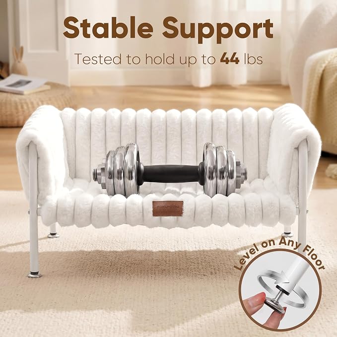 FUKUMARU Elevated Cat Couch Beds for Indoor Cats, Sturdy Metal Frame Cat Hammock Bed with High-Density Foam Cushion, Removable Washable Fluffy Cover, Breathable Raised Dog Bed & Cat Sofa Chair, Cream