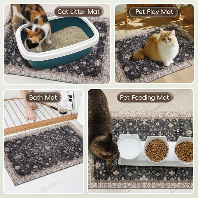 Cat Litter Mat Litter Trapping Mat, 24"x15" Waterproof Urine Proof Litter Box Mat Catcher Mat Non-Slip Washable for Kitty Kitten, Black