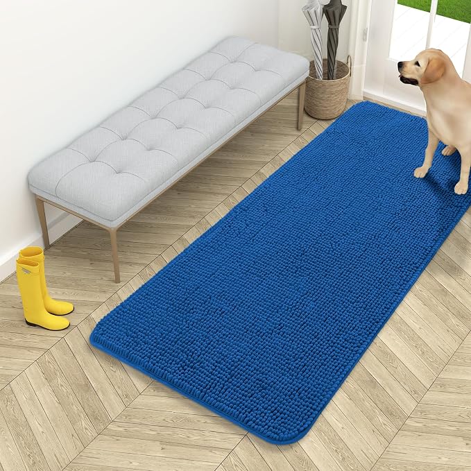 OLANLY Dog Door Mat for Muddy Paws 54x24, Super Absorbent Chenille Mud Mat | Deep Navy Blue, Absorbs Moisture and Dirt, Non-Slip Machine Washable Doormat, Quick-Dry Indoor Entryway Floor Carpet for Dogs