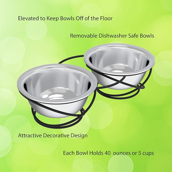Set of 2 Stainless Steel Dog Bowls - 40oz Pet Bowls with Decorative Dog Food Stand - Metal Food and Water Dishes for Large Pets - Puppy Essentials by PETMAKER (Silver/Black)