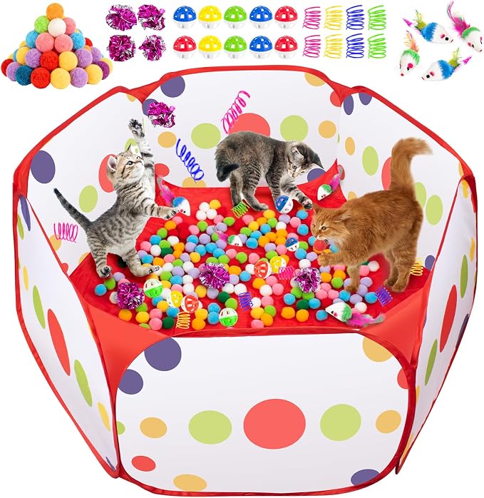 Cat Ball Pit with Balls for Cats, 176 Pcs Interactive Cat Toys for Bored Indoor Cats Self Play Cat Enrichment Toys for Fun and Exercise, Pom Pom Balls Jingle and Crinkle Ball, Springs and Mice toy
