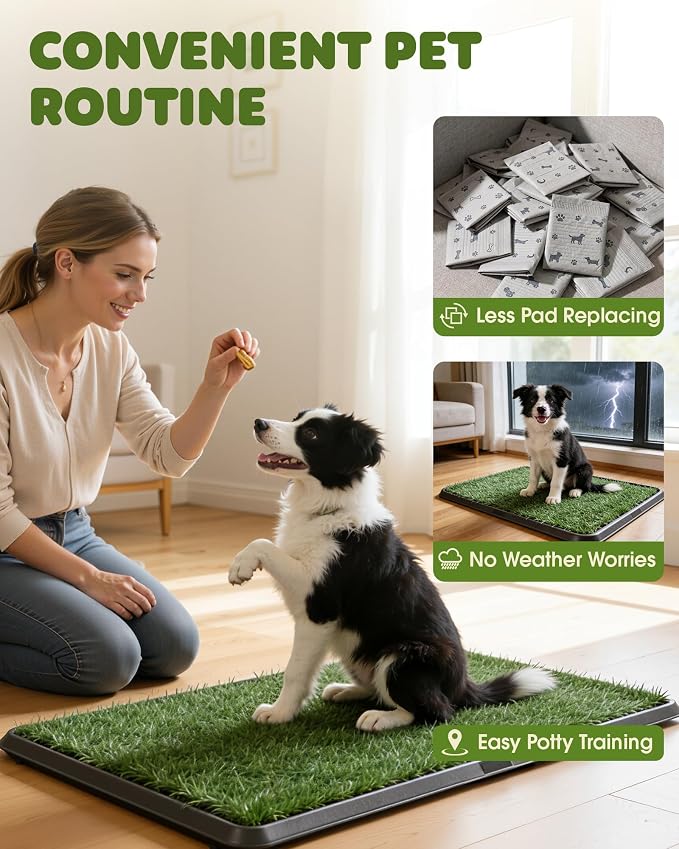 Powools Grass Pad for Dogs Potty - 3-Layer Reusable Dog Grass Pad with Tray, Washable Artificial Grasses Dog Potty Tray with Drainage Holes, Indoor & Outdoor Grass Pee Pad for Dogs, 30" x 20"