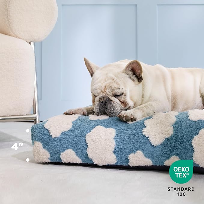 LE SURE Cute Large Dog Bed for Crate-Thick Shredded Chopped Foam Pet Bed Indoor with Removable Washable Cover, Modern Fuzzy Plush & Anti Slip Bottom, Blue