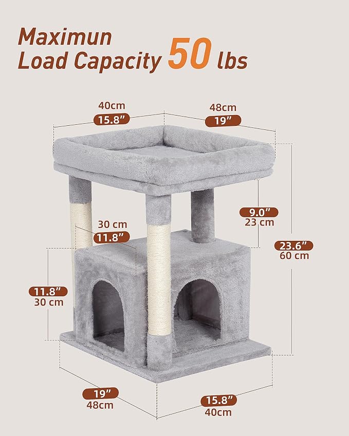 23.6" Cat Tree for Large Cat, 19 * 15.8 in Large Perch, Light Gray | Cat Tower with Scratching Post, 2-door Cat Condo for Adult Indoor Cats, Easy to Clean and Install, Assembly tools included